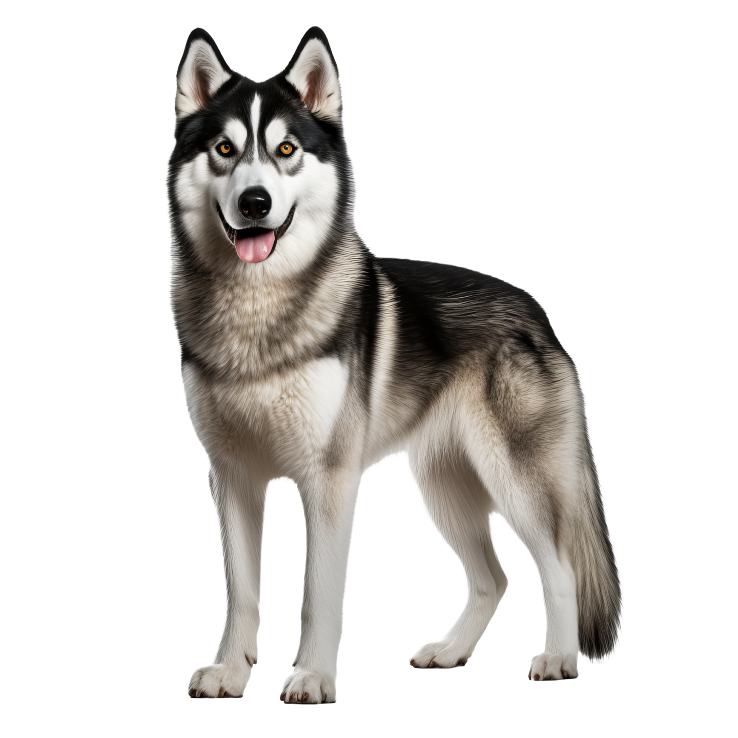 a husky dog standing in front of a white background
