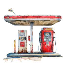 a painting of an old gas station
