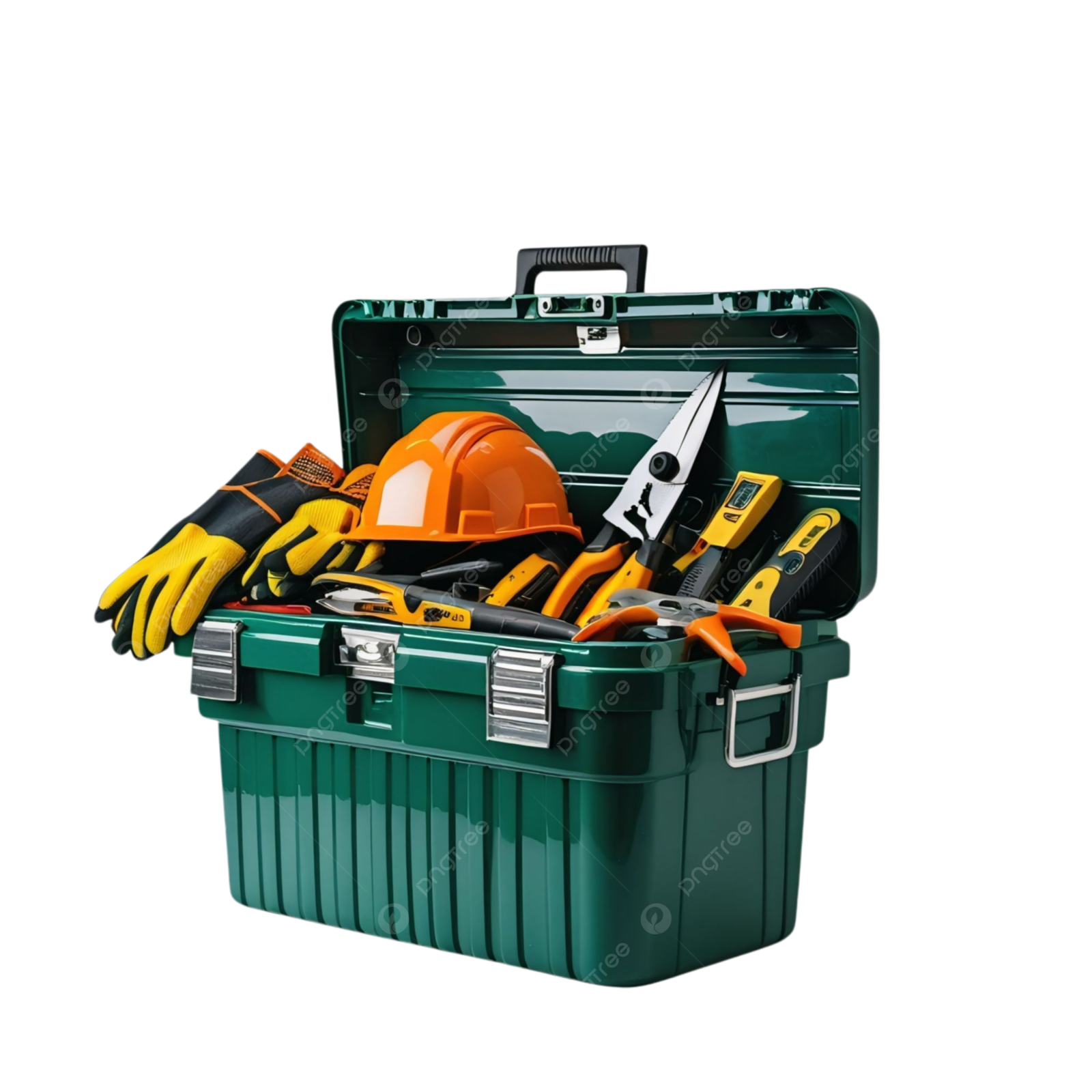 green tool box with tools on white background stock photo