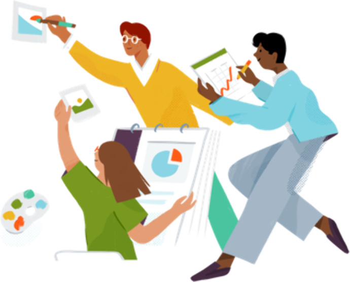a group of people with papers and papers