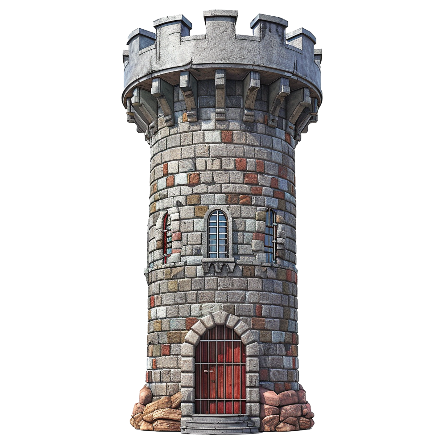 a stone tower with a red door on top