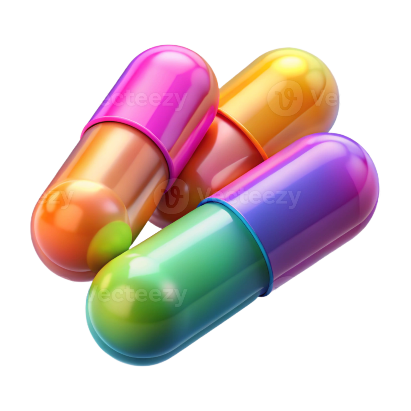 three colorful pills on a white background