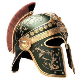 a green and gold helmet with red hair