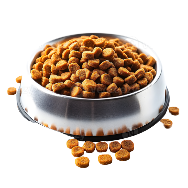 a metal bowl filled with dry dog food