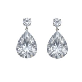 a pair of earrings with a pear shaped diamond