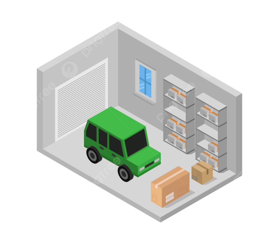 a green car is parked in the garage