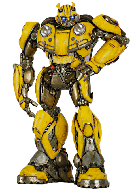 a yellow and black robot standing on a white background