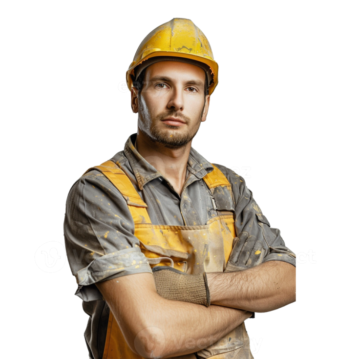 a man in a hard hat and overall standing with his arms crossed