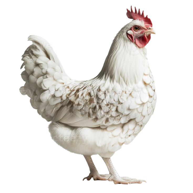 a white chicken with a red comb on its head