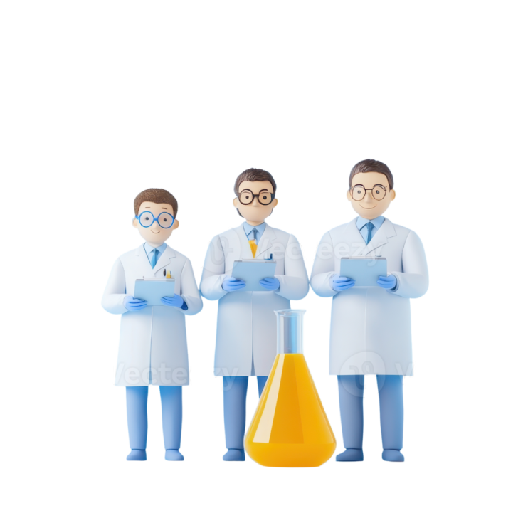 three 3d doctors standing next to a test tube