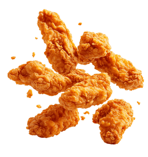 a pile of fried chicken on a white background