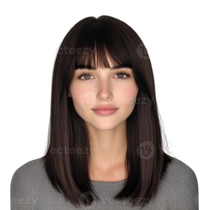 a woman with long brown hair and bangs