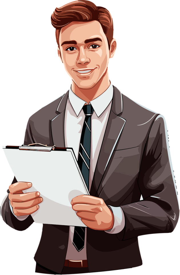 a man in a suit holding a clipboard