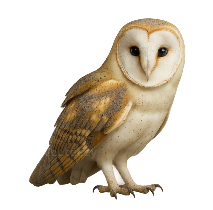 a barn owl perched on a white background