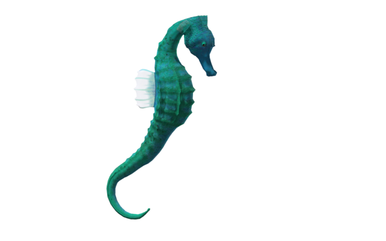 a green seahorse on a white background
