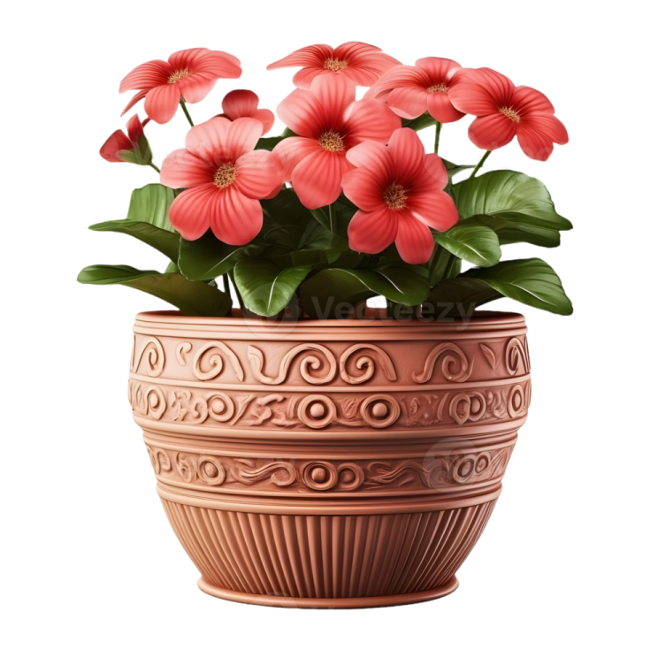 a flower pot with pink flowers in it