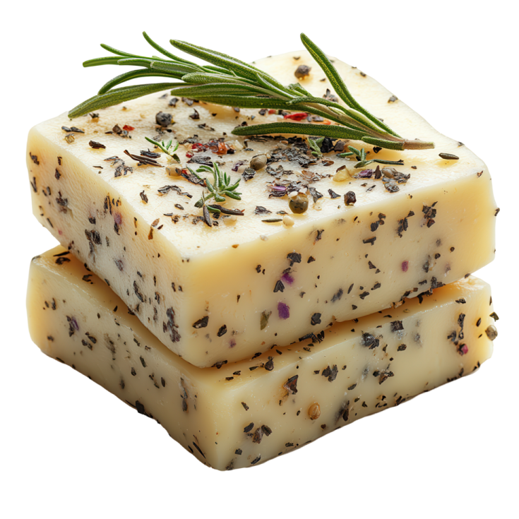 three pieces of soap with herbs on top