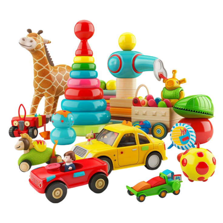 a pile of toys on a white background