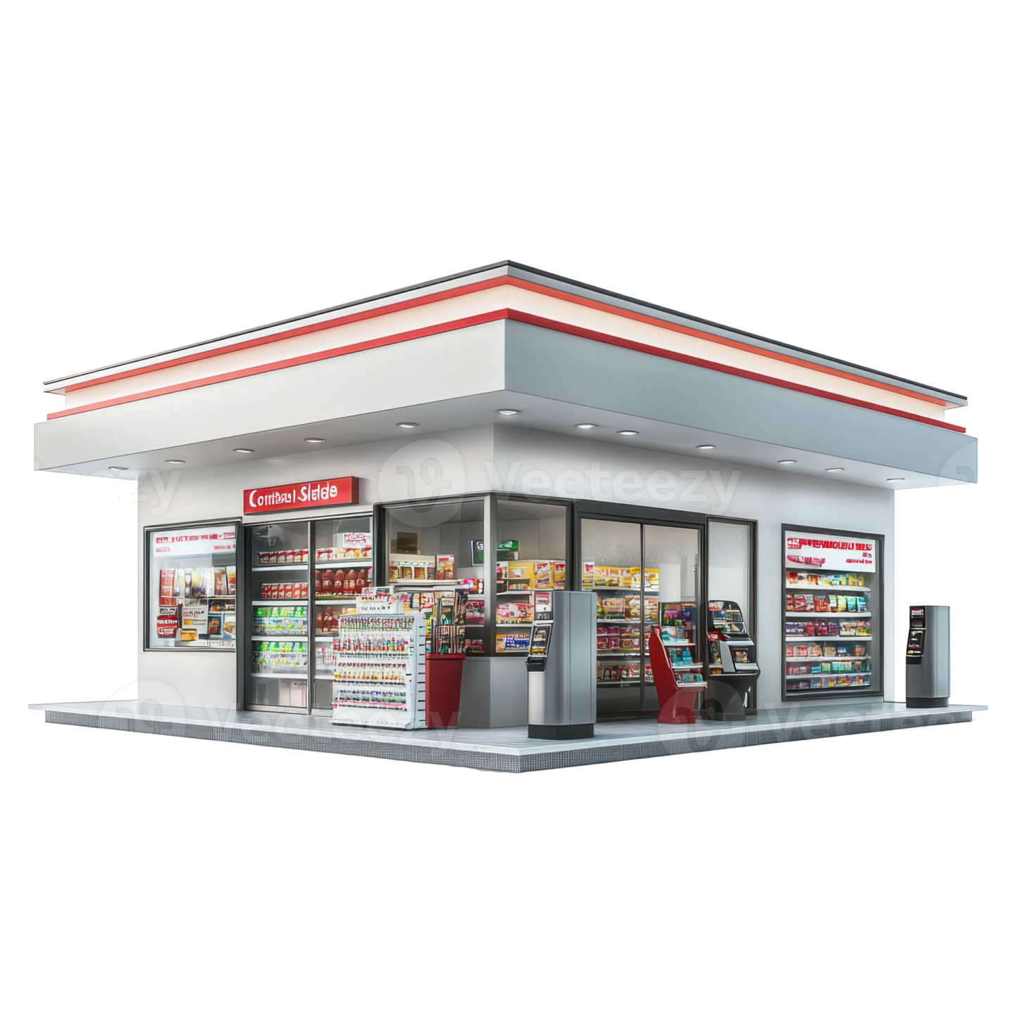 a small store with a red and white roof
