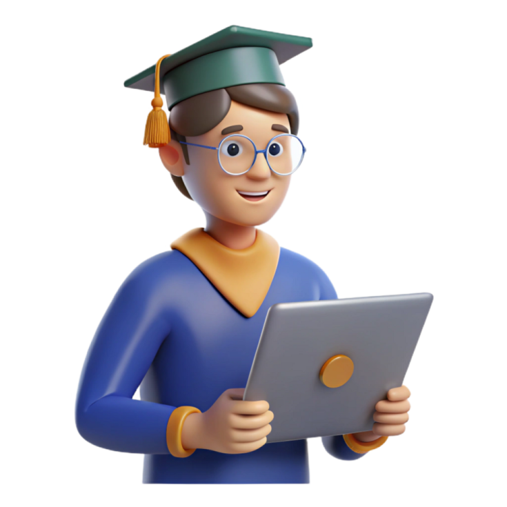 a 3d man wearing glasses and holding a tablet
