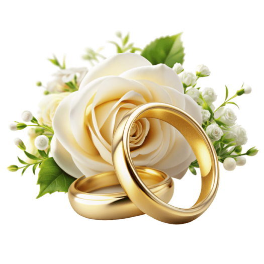 two gold wedding rings and a white rose