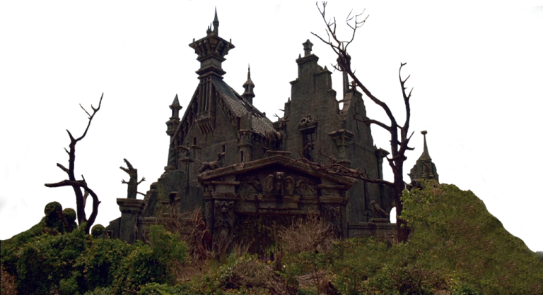 the haunted house is surrounded by dead trees