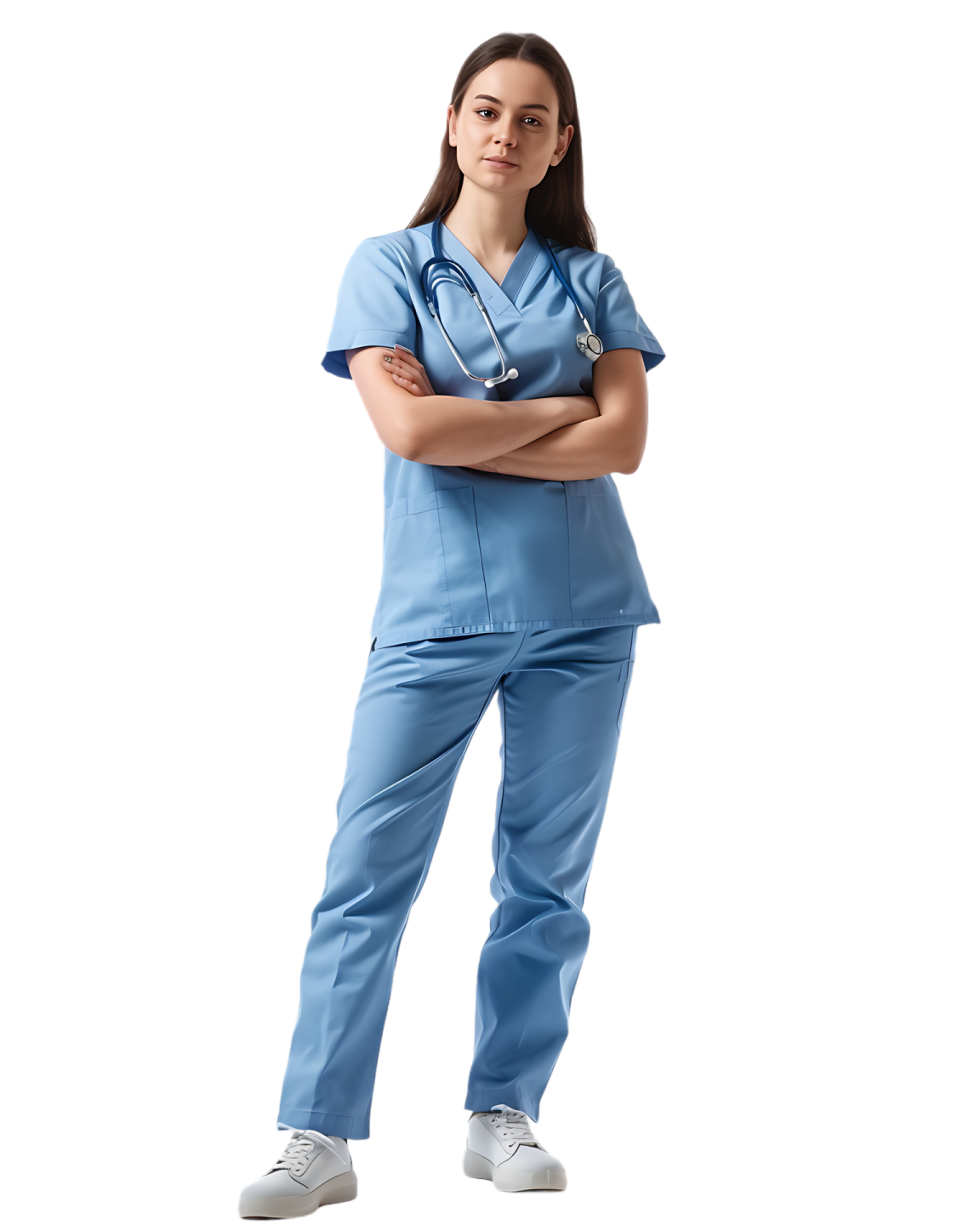a woman in scrubs standing with her arms crossed