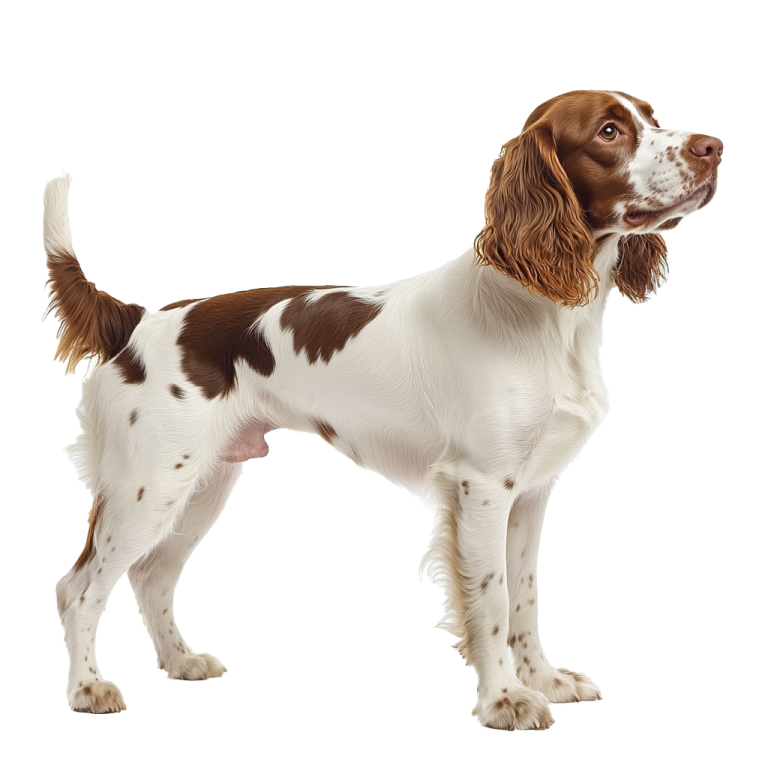 a brown and white dog standing on a white background