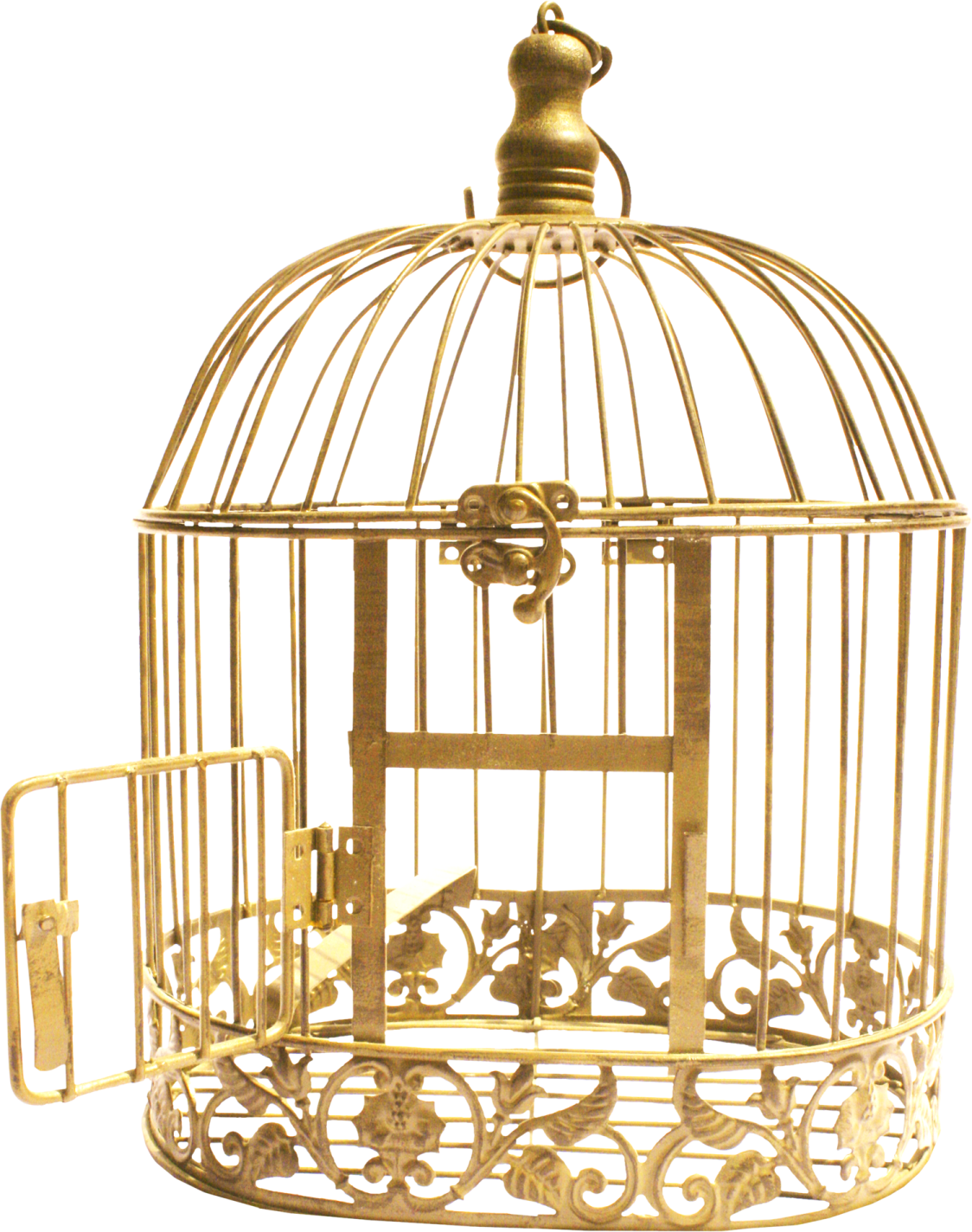 a gold bird cage with a clock inside