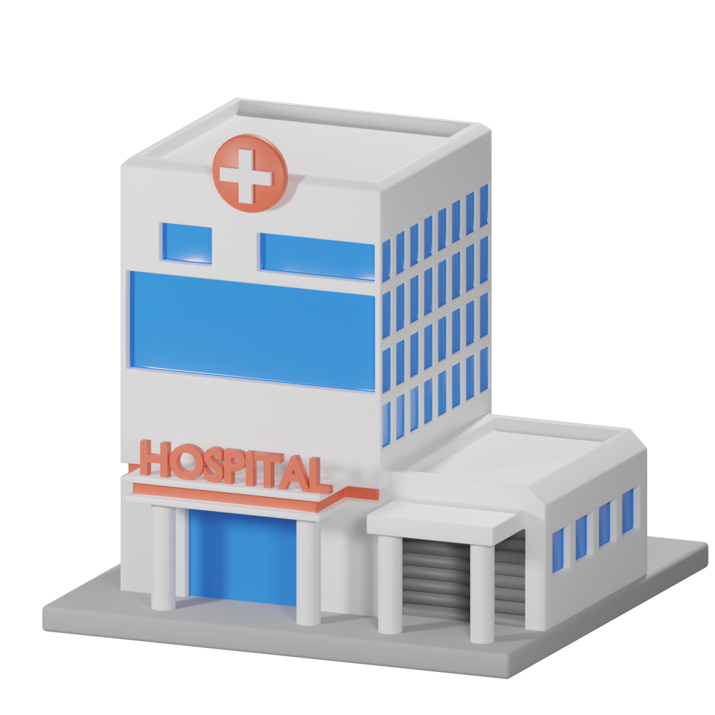 a white and blue building with the word hospital on it