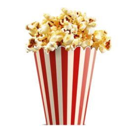 a red and white striped popcorn bucket