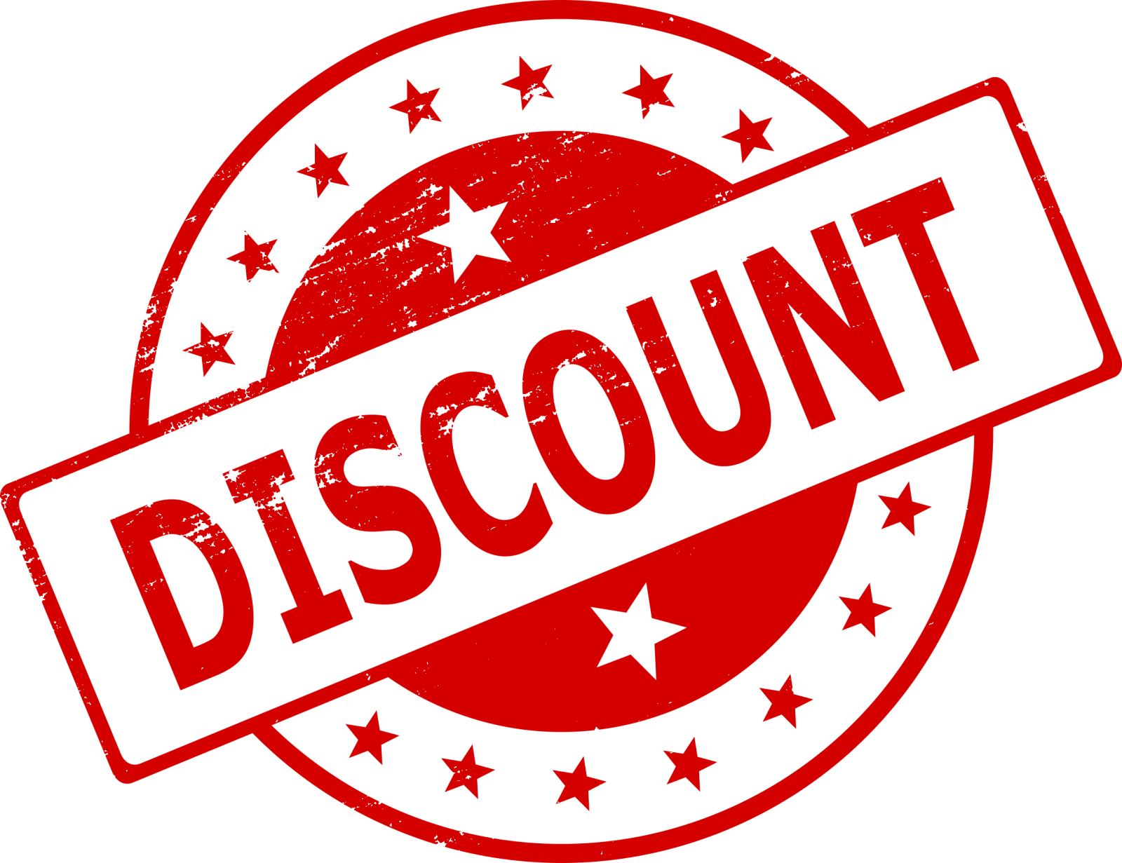 a red stamp with the word discount on it