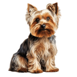 a small dog sitting down on a white background
