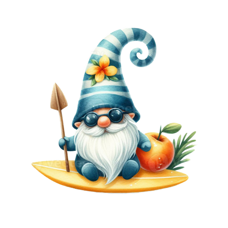 an illustration of a gnome sitting on a surfboard