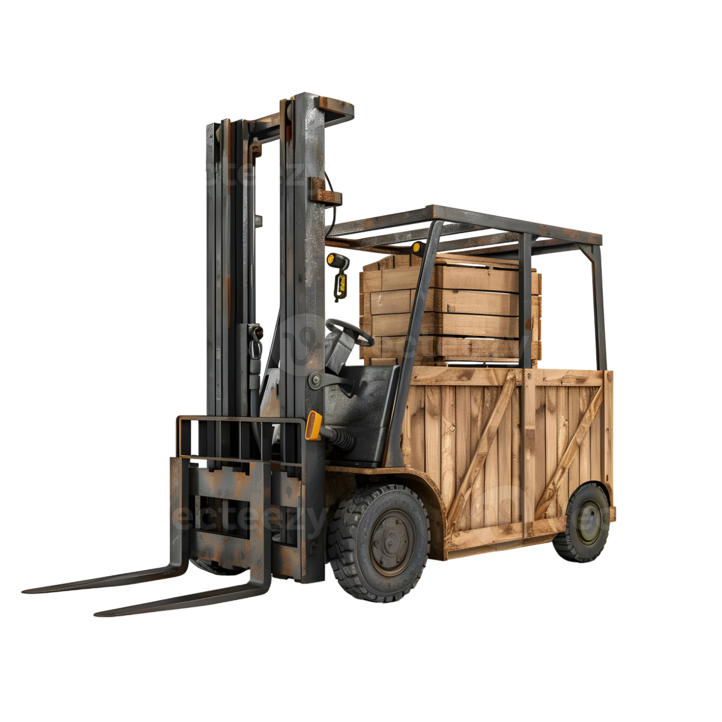 a fork truck with a wooden box on the back