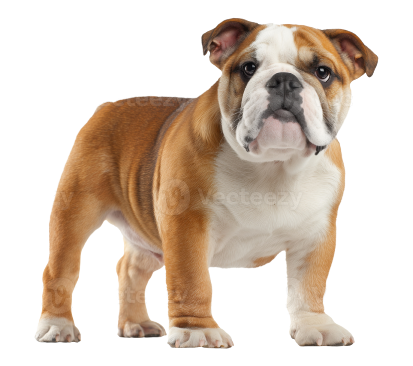 a small brown and white dog standing on a white background