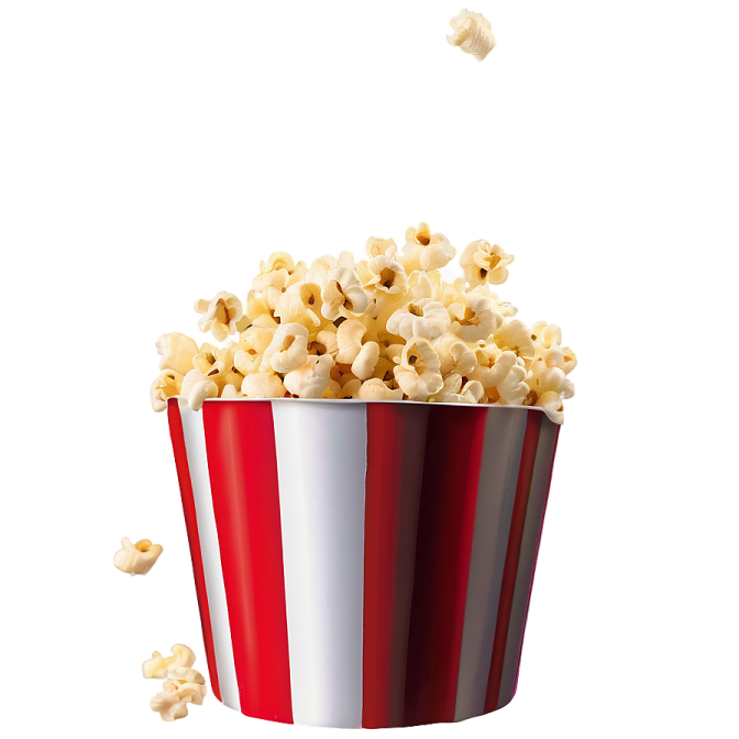 a red and white striped bucket full of popcorn