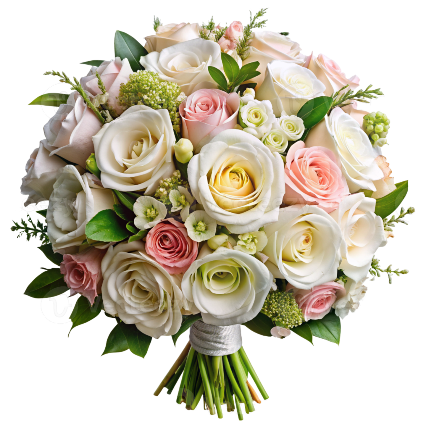 a bouquet of white and pink roses