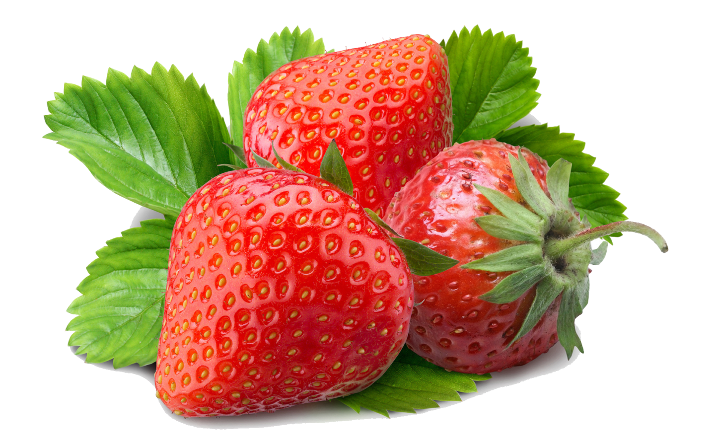three strawberries with leaves on a white background