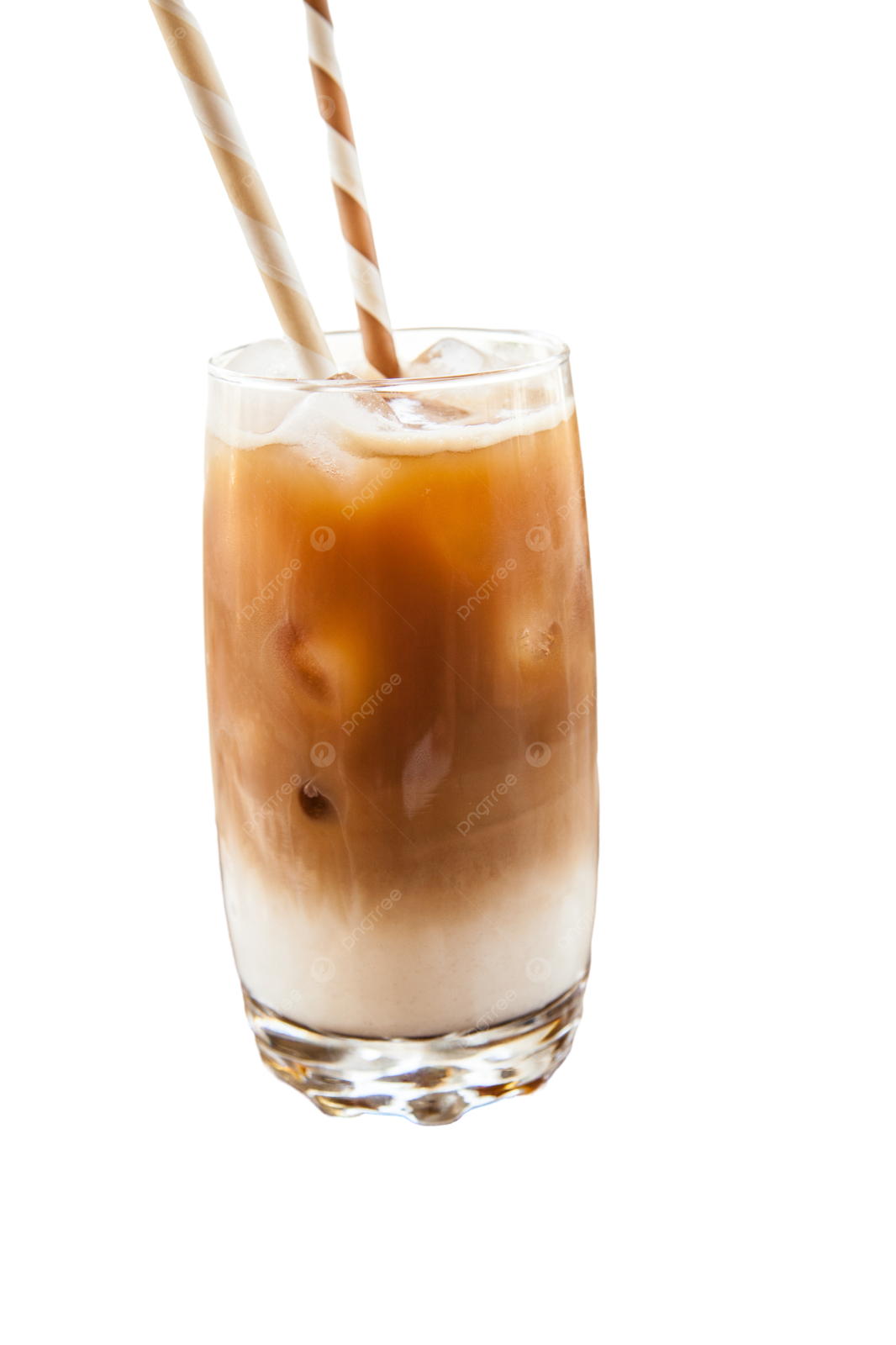 a glass of iced coffee on a white background