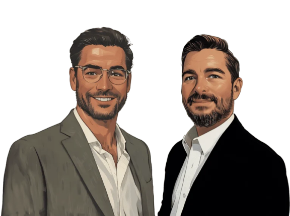 two men in suits, one with a beard and the other with glasses