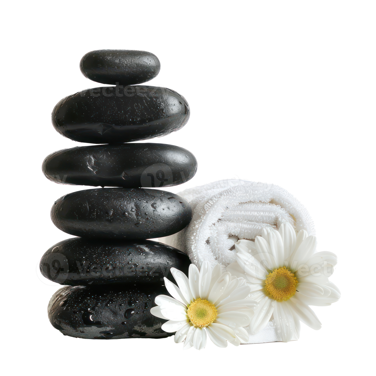 a stack of black stones with white flowers on top