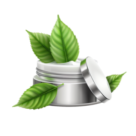 a white jar with green leaves on it