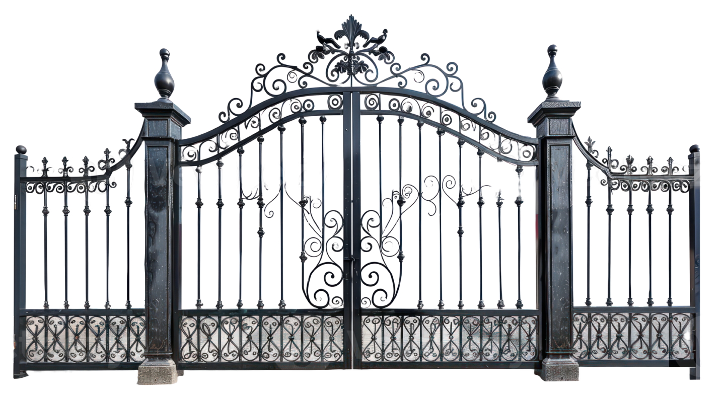 an iron gate with a decorative design on it