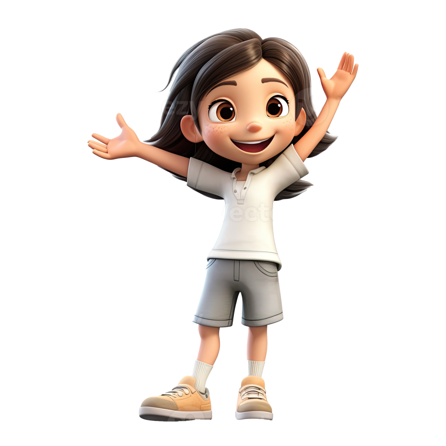 a little girl in a white shirt and grey shorts
