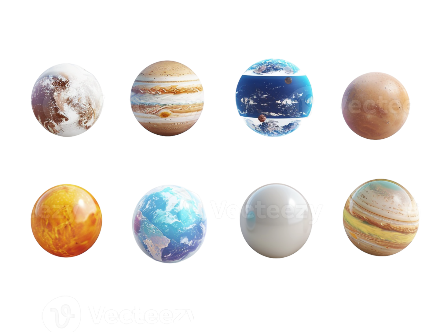 a set of nine planets in different colors