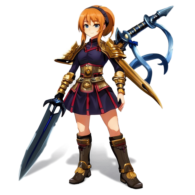 a woman in armor holding a sword