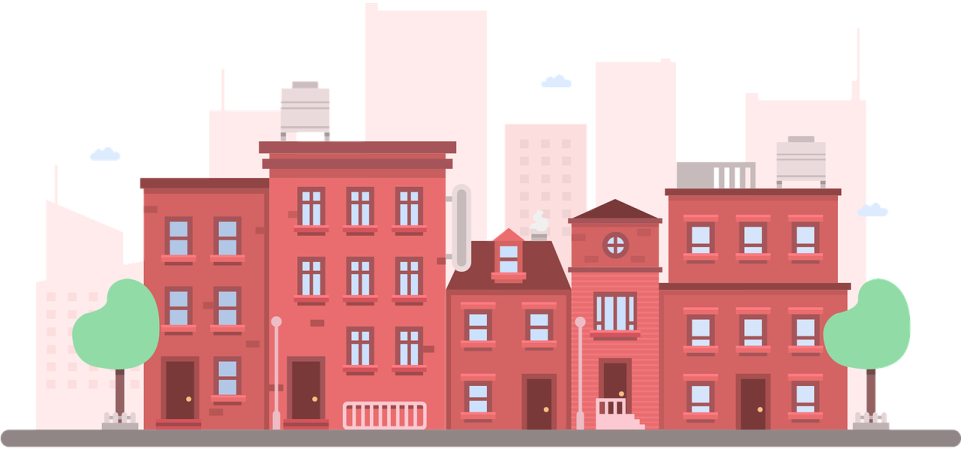 a red building with trees and buildings in the background