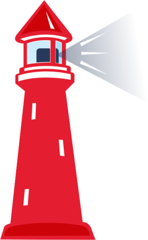a red lighthouse with a light coming out of it