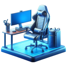 a computer desk with a chair and monitor
